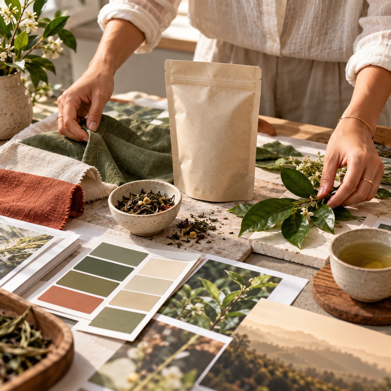 Art director arranging product, material, lighting, and colour references